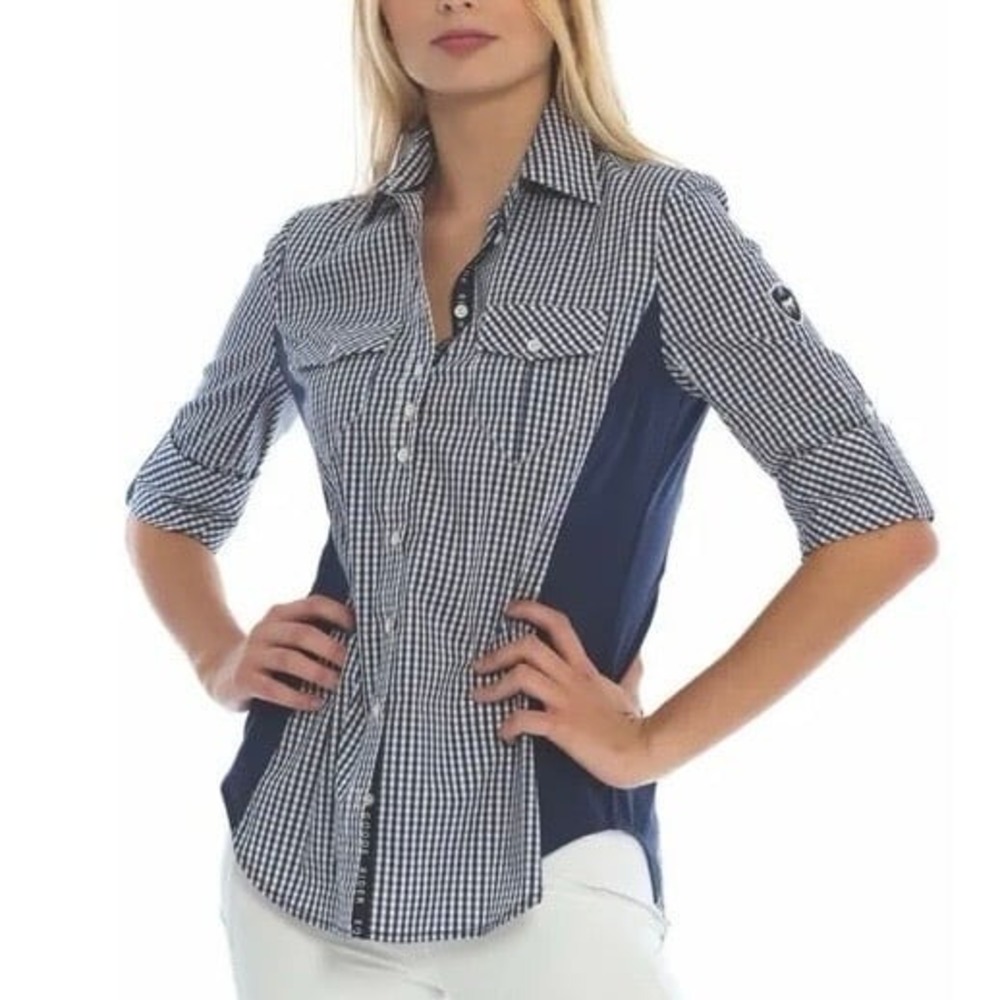 Goode Rider "Go To Shirt" blue gingham button down 3/4 sleeve Sz XS equestrian - Picture 8 of 9